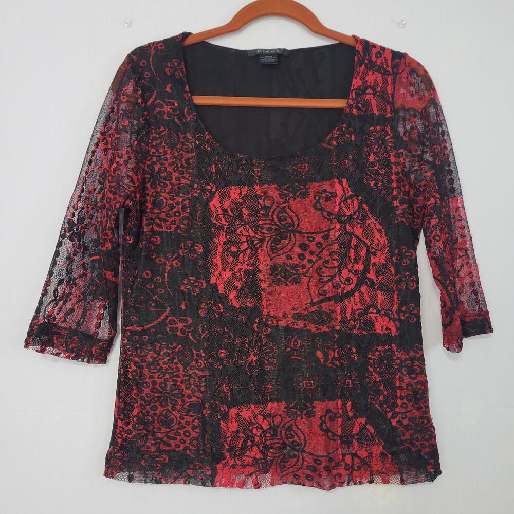 Floral Patchwork 3/4 Sleeve Scoop Neck Top size M Black Red Whimsigoth Y2K Style